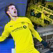 Ole Didrik Blomberg celebrates scoring in the Champions League for Bodo/Glimt, 2025/26