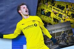 Ole Didrik Blomberg celebrates scoring in the Champions League for Bodo/Glimt, 2025/26