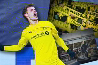 Ole Didrik Blomberg celebrates scoring in the Champions League for Bodo/Glimt, 2025/26
