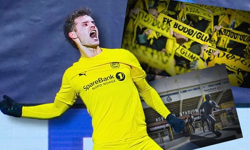 Ole Didrik Blomberg celebrates scoring in the Champions League for Bodo/Glimt, 2025/26