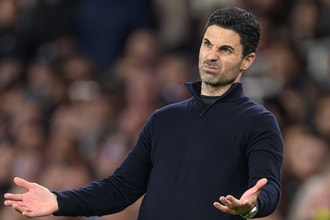 Mikel Arteta reacts during Arsenal's Champions League quarter-final with Sporting CP, 2025/26