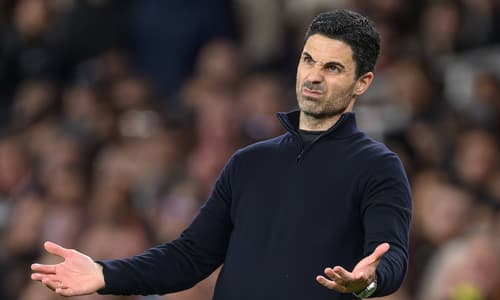 Mikel Arteta reacts during Arsenal's Champions League quarter-final with Sporting CP, 2025/26