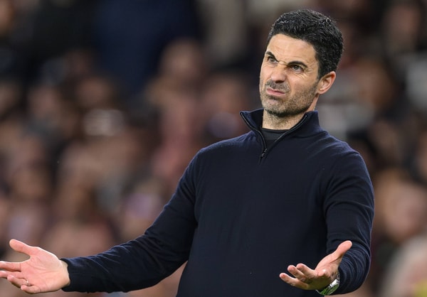 Mikel Arteta reacts during Arsenal's Champions League quarter-final with Sporting CP, 2025/26