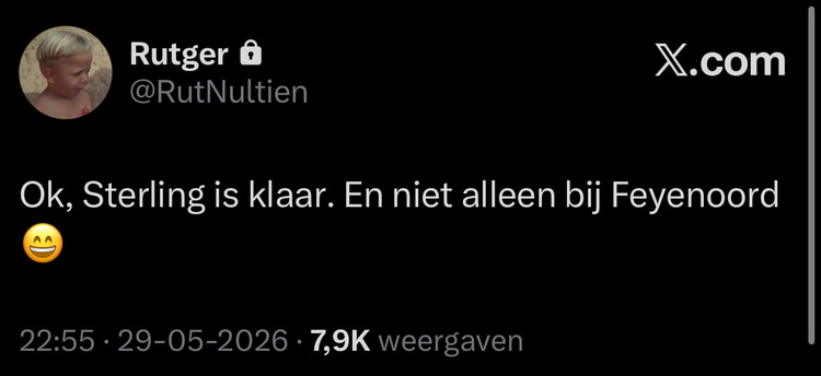 Rutger Vinke meldt op X dat Raheem Sterling klaar is bij Feyenoord en elders naar aanleiding van zijn ongeluk en arrestatie.