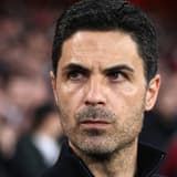 Mikel Arteta reacts during Arsenal's Champions League quarter-final with Sporting CP, 2025/26