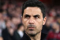 Mikel Arteta reacts during Arsenal's Champions League quarter-final with Sporting CP, 2025/26