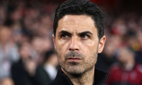 Mikel Arteta reacts during Arsenal's Champions League quarter-final with Sporting CP, 2025/26
