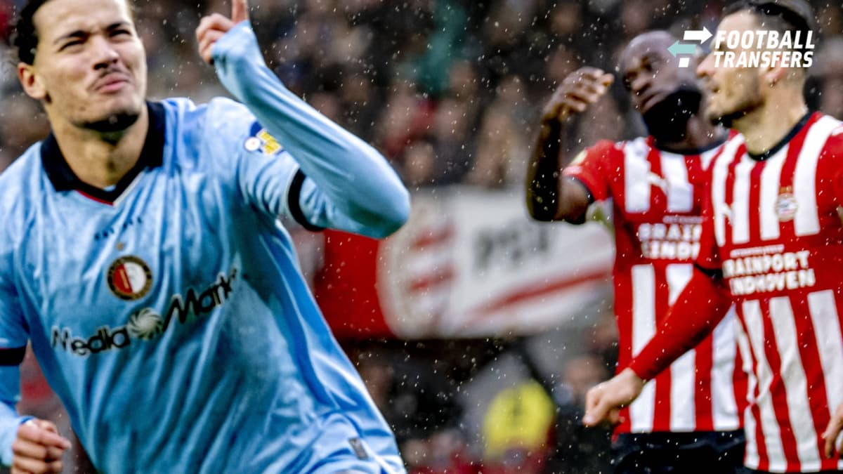 EINDHOVEN: Feyenoord forward Anis Hadj Moussa scores to tie the game at 1–1 and celebrates his goal during the Vriendenloterij Eredivisie match between PSV and Feyenoord at Philips Stadion on October 25, 2026, in Eindhoven, the Netherlands. Photo by...