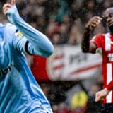EINDHOVEN: Feyenoord forward Anis Hadj Moussa scores to tie the game at 1–1 and celebrates his goal during the Vriendenloterij Eredivisie match between PSV and Feyenoord at Philips Stadion on October 25, 2026, in Eindhoven, the Netherlands. Photo by...