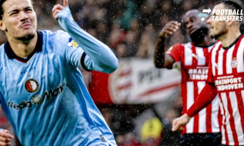 EINDHOVEN: Feyenoord forward Anis Hadj Moussa scores to tie the game at 1–1 and celebrates his goal during the Vriendenloterij Eredivisie match between PSV and Feyenoord at Philips Stadion on October 25, 2026, in Eindhoven, the Netherlands. Photo by...
