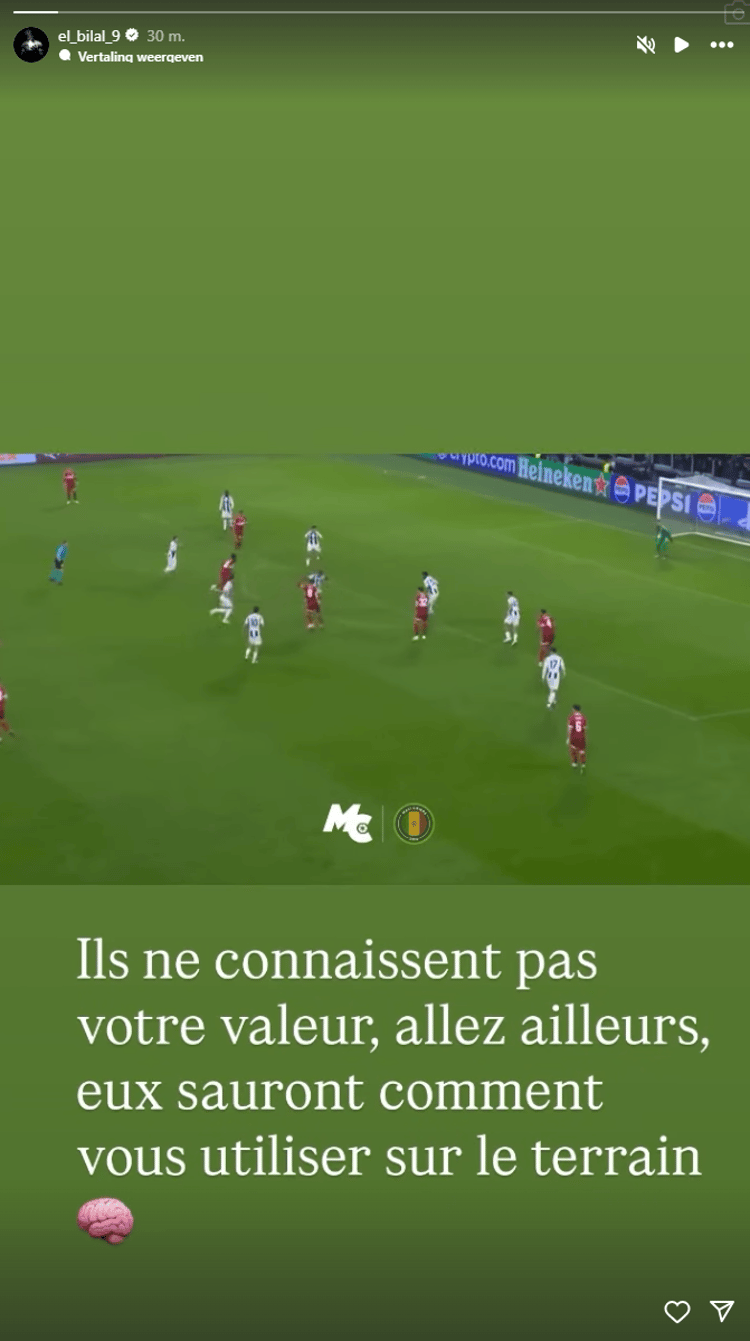 De story van El Bilal Touré op Instagram.