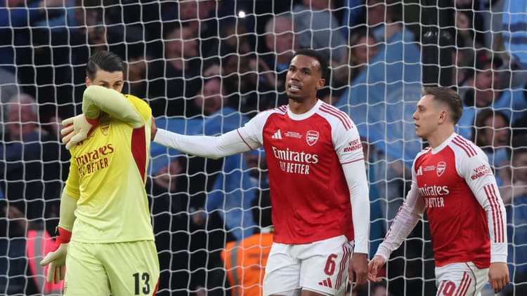 Gabriel and Leandro Trossard console Kepa Arrizabalaga after Man City's first goal in Arsenal's 2-0 Carabao Cup Final defeat