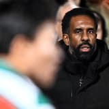 Celtic manager Wilfried Nancy watches his side's clash with Dundee United