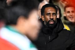 Celtic manager Wilfried Nancy watches his side's clash with Dundee United