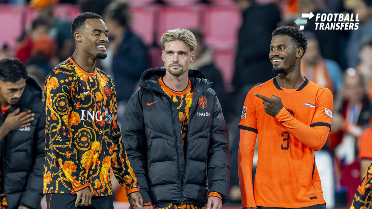 EINDHOVEN l Netherlands midfielder Ryan Gravenberch, Netherlands midfielder Kenneth Taylor, and Netherlands defender Jorrel Hato during the UEFA Nations League match between the Netherlands and Serbia at Philips Stadion on October 4, 2026, in Eindho...