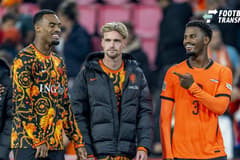 EINDHOVEN l Netherlands midfielder Ryan Gravenberch, Netherlands midfielder Kenneth Taylor, and Netherlands defender Jorrel Hato during the UEFA Nations League match between the Netherlands and Serbia at Philips Stadion on October 4, 2026, in Eindho...