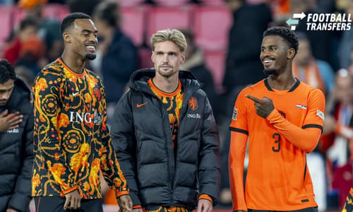 EINDHOVEN l Netherlands midfielder Ryan Gravenberch, Netherlands midfielder Kenneth Taylor, and Netherlands defender Jorrel Hato during the UEFA Nations League match between the Netherlands and Serbia at Philips Stadion on October 4, 2026, in Eindho...