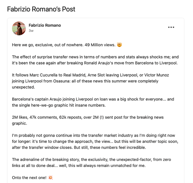 Fabrizio Romano's LinkedIn post