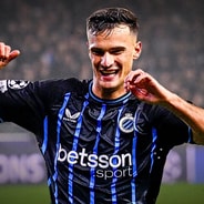 Club Brugge's Aleksandar Stankovic celebrates scoring against Marseille in the Champions League