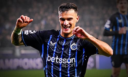 Club Brugge's Aleksandar Stankovic celebrates scoring against Marseille in the Champions League