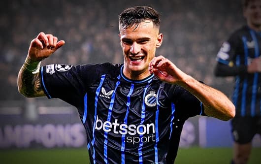 Club Brugge's Aleksandar Stankovic celebrates scoring against Marseille in the Champions League
