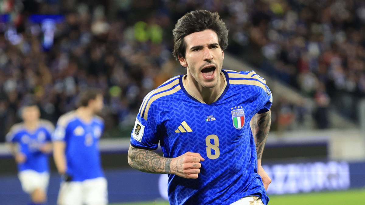 Newcastle midfielder Sandro Tonali celebrates scoring for Italy against Northern Ireland, World Cup 2026 playoff