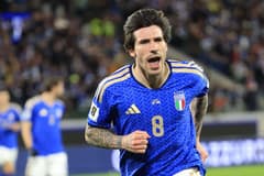 Newcastle midfielder Sandro Tonali celebrates scoring for Italy against Northern Ireland, World Cup 2026 playoff