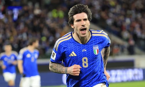 Newcastle midfielder Sandro Tonali celebrates scoring for Italy against Northern Ireland, World Cup 2026 playoff