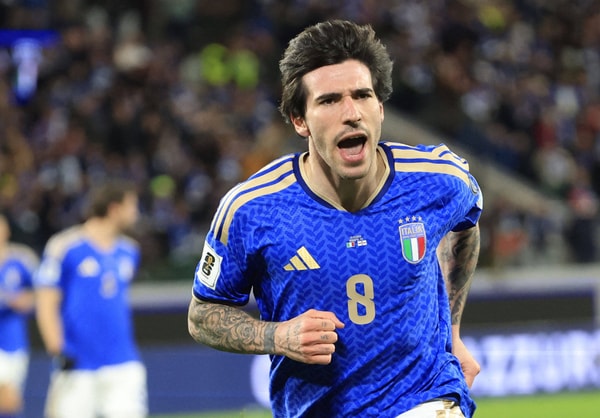 Newcastle midfielder Sandro Tonali celebrates scoring for Italy against Northern Ireland, World Cup 2026 playoff