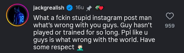 De reactie van Grealish op de Instagram-post van FootballPark
