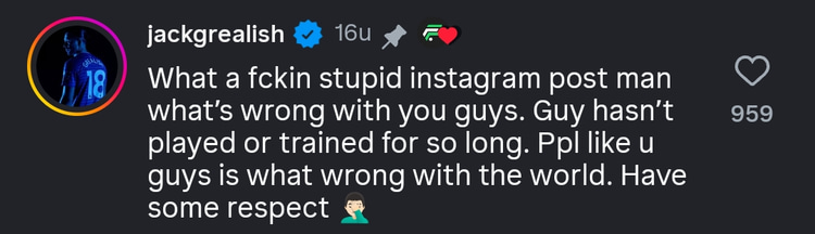 De reactie van Grealish op de Instagram-post van FootballPark