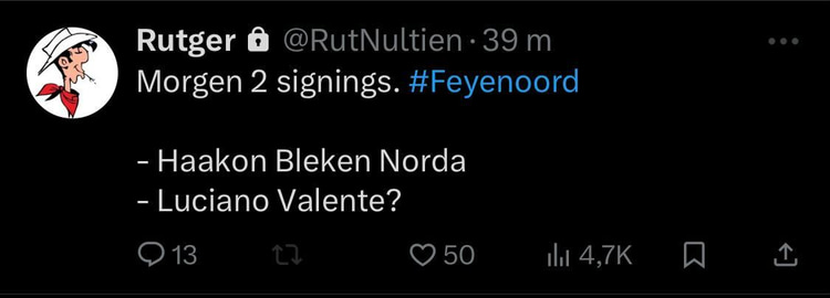 Rutger Vinke schrijft dat dinsdag dat er morgen (woensdag) twee spelers gaan tekenen bij Feyenoord.