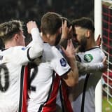 UTRECHT lr Taylor Booth of FC Utrecht, Sander van der Streek of FC Utrecht, Anastasios Douvikas of FC Utrecht, Sean Kliber of FC Utrecht celebrate the 1 0 during the Dutch Eredivisie match between FC Utrecht and sc Heerenveen at stadium Galgenwaard ...