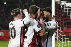 UTRECHT lr Taylor Booth of FC Utrecht, Sander van der Streek of FC Utrecht, Anastasios Douvikas of FC Utrecht, Sean Kliber of FC Utrecht celebrate the 1 0 during the Dutch Eredivisie match between FC Utrecht and sc Heerenveen at stadium Galgenwaard ...