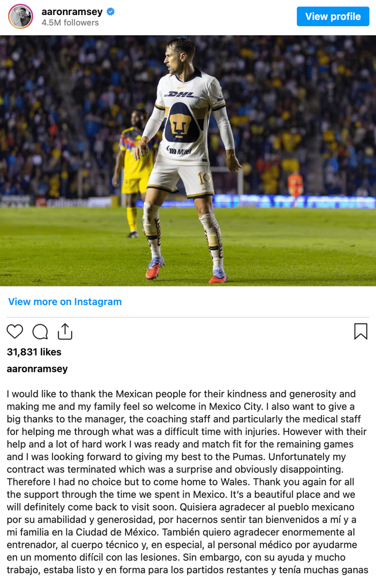 Aaron Ramsey Instagram post
