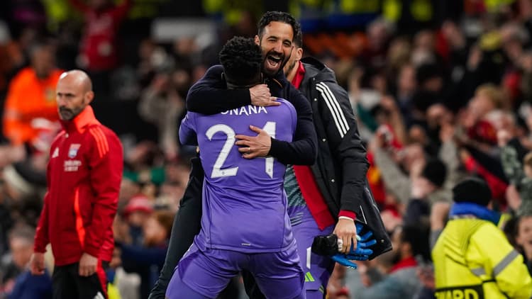 Ruben Amorim and Andre Onana celebrate Man Utd's Europa League win over Lyon, 2024/25