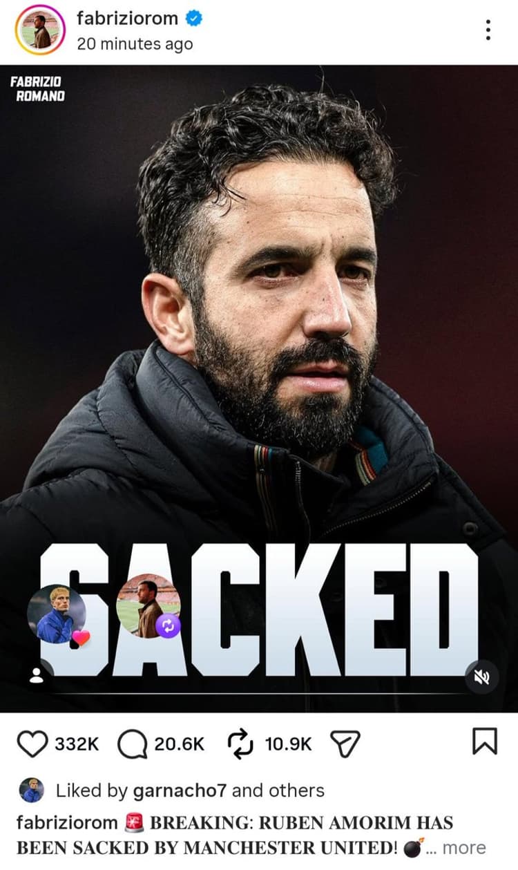 Alejandro Garnacho likes Fabrizio Romano's Ruben Amorim sack statement