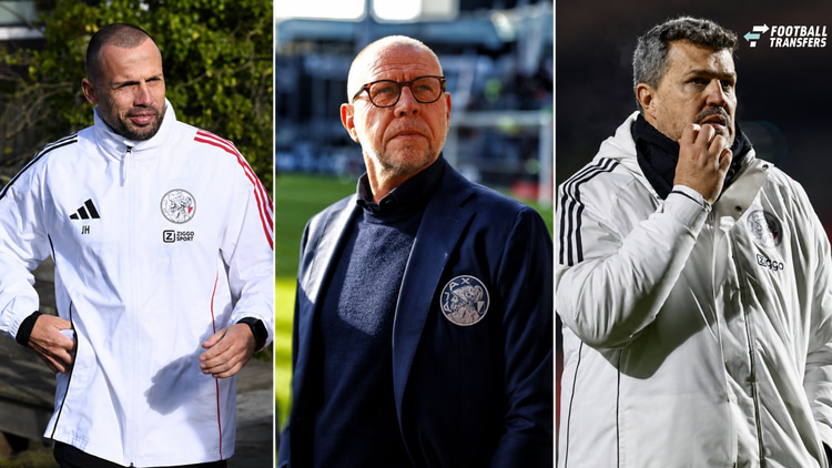 Van links naar rechts: John Heitinga, Fred Grim en Óscar García. Zij trainden alle drie het eerste elftal van Ajax in het seizoen 2025/26, maar wisten niet of nauwelijks te presteren.