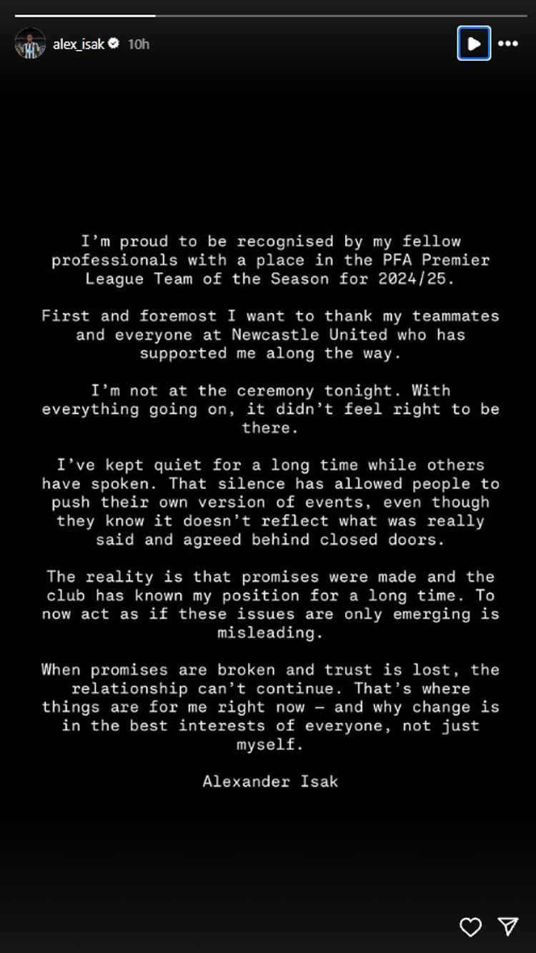 Alexander Isak's full statement