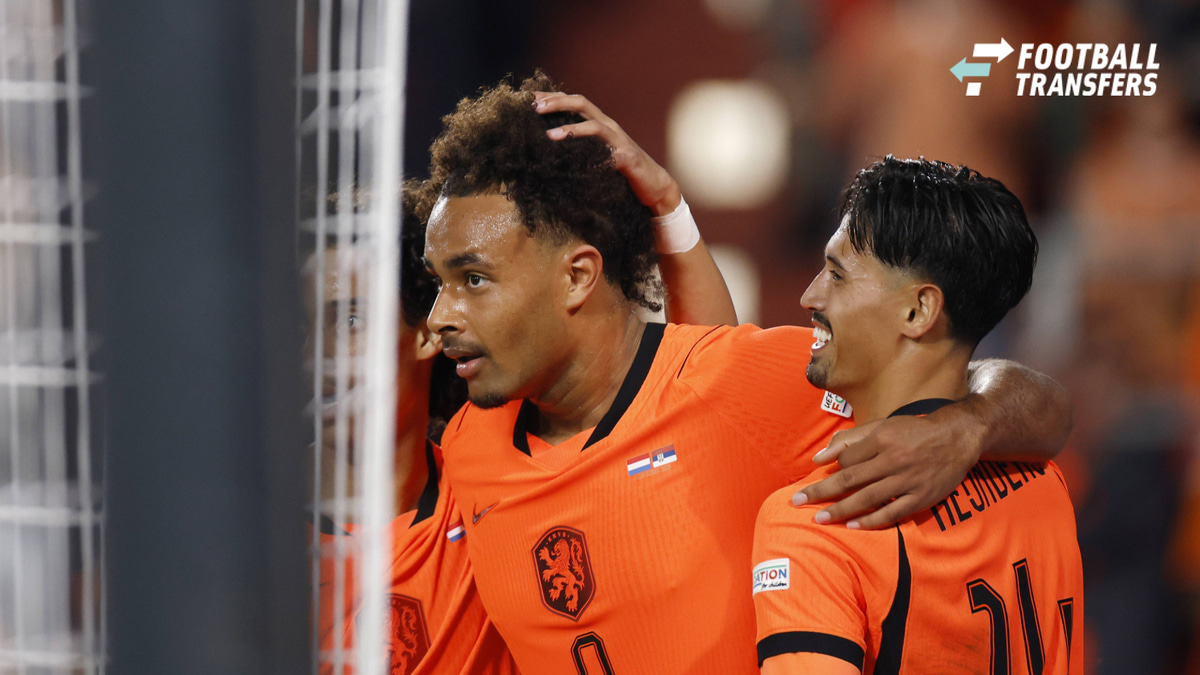 EINDHOVEN - (lr) Gjivai ZechiÃ«l of the Netherlands, Joshua Zirkzee of the Netherlands, and Tijjani Reijnders of the Netherlands celebrate the 2-1 during the UEFA Nations League match between the Netherlands and Serbia at the Philips Stadium on Octo...