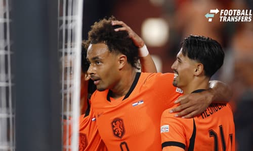 EINDHOVEN - (lr) Gjivai ZechiÃ«l of the Netherlands, Joshua Zirkzee of the Netherlands, and Tijjani Reijnders of the Netherlands celebrate the 2-1 during the UEFA Nations League match between the Netherlands and Serbia at the Philips Stadium on Octo...