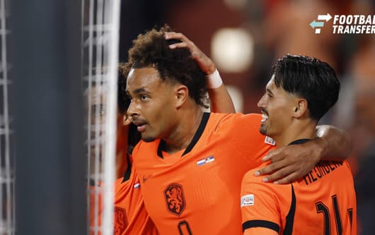 EINDHOVEN - (lr) Gjivai ZechiÃ«l of the Netherlands, Joshua Zirkzee of the Netherlands, and Tijjani Reijnders of the Netherlands celebrate the 2-1 during the UEFA Nations League match between the Netherlands and Serbia at the Philips Stadium on Octo...