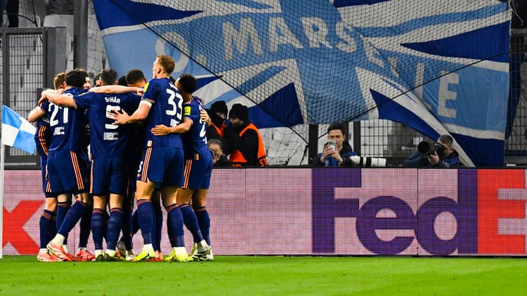 Newcastle celebrate Harvey Barnes scoring against Marseille in the Champions League