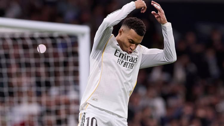 Kylian Mbappe doing Cristiano Ronaldo's 'siu' celebration after scoring for Real Madrid.