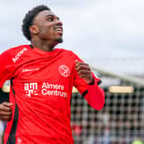 2026-05-06 Almere City FC v FC Den Bosch - Dutch Keuken Kampioen Divisie Play-offs ALMERE, NETHERLANDS - MAY 6: Emmanuel Poku of Almere City FC celebrates with teammates after scoring his teams first goal during the Dutch Keuken Kampioen Divisie Pla...