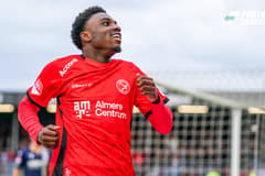 2026-05-06 Almere City FC v FC Den Bosch - Dutch Keuken Kampioen Divisie Play-offs ALMERE, NETHERLANDS - MAY 6: Emmanuel Poku of Almere City FC celebrates with teammates after scoring his teams first goal during the Dutch Keuken Kampioen Divisie Pla...