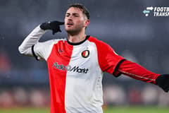 22.01.2025, Fussball UEFA Champions League 2024 2025, 7.Spieltag, Feyenoord Rotterdam - FC Bayern München, im De Kuip, Santiago Gimenez (Feyenoord Rotterdam) freut sich über das Tor zum 1:0. ***DFL and DFB regulations prohibit any use of photographs...