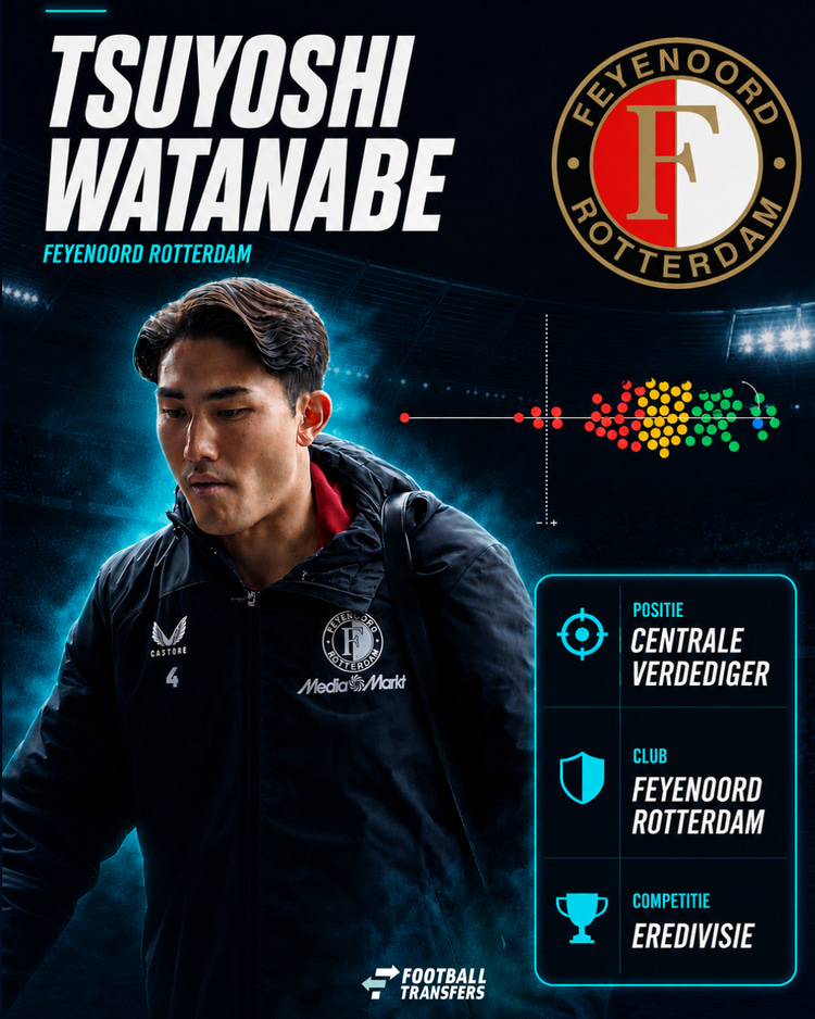 De prestaties van Tsuyoshi Watanabe. Hij is het blauwe bolletje en behoort tot de best presterende centrale verdedigers van de Eredivisie.