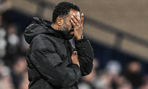 Wilfried Nancy reacts during Celtic's League Cup loss to St Mirren