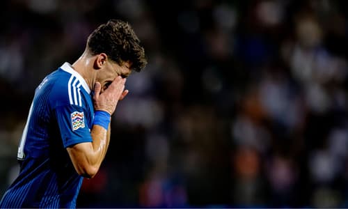 Christos Tzolis of Arsenal reacts after picking up an injury playing in the Nations League with Greece, October 2026